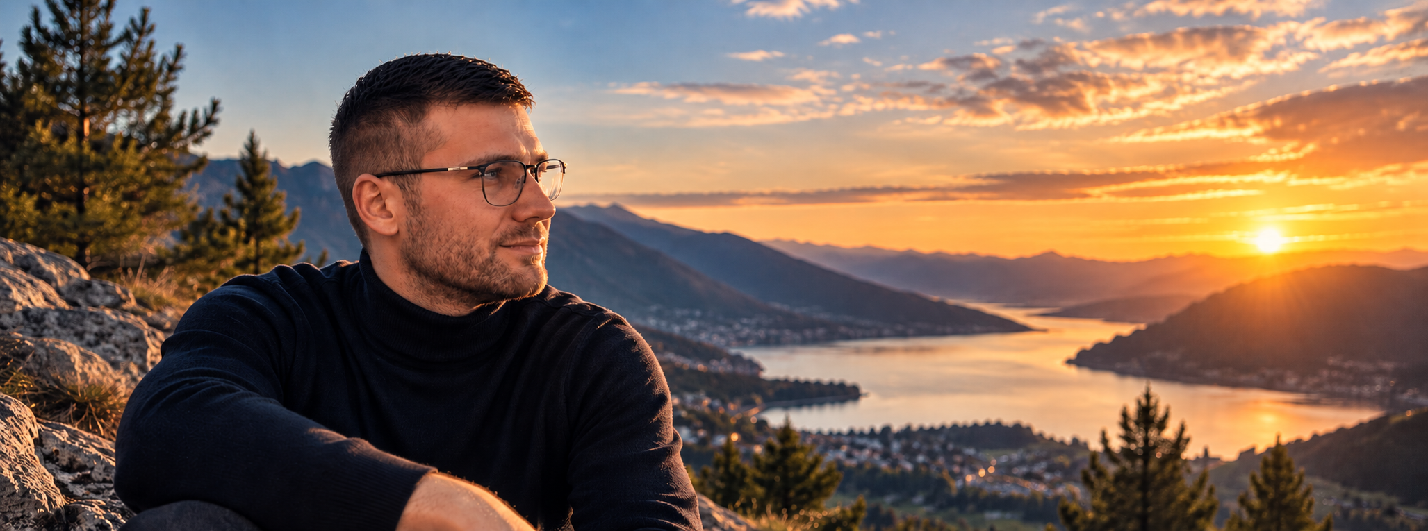 Alban Le Noret, fondateur de Développe ton idée, devant un paysage de montagne au coucher du soleil.