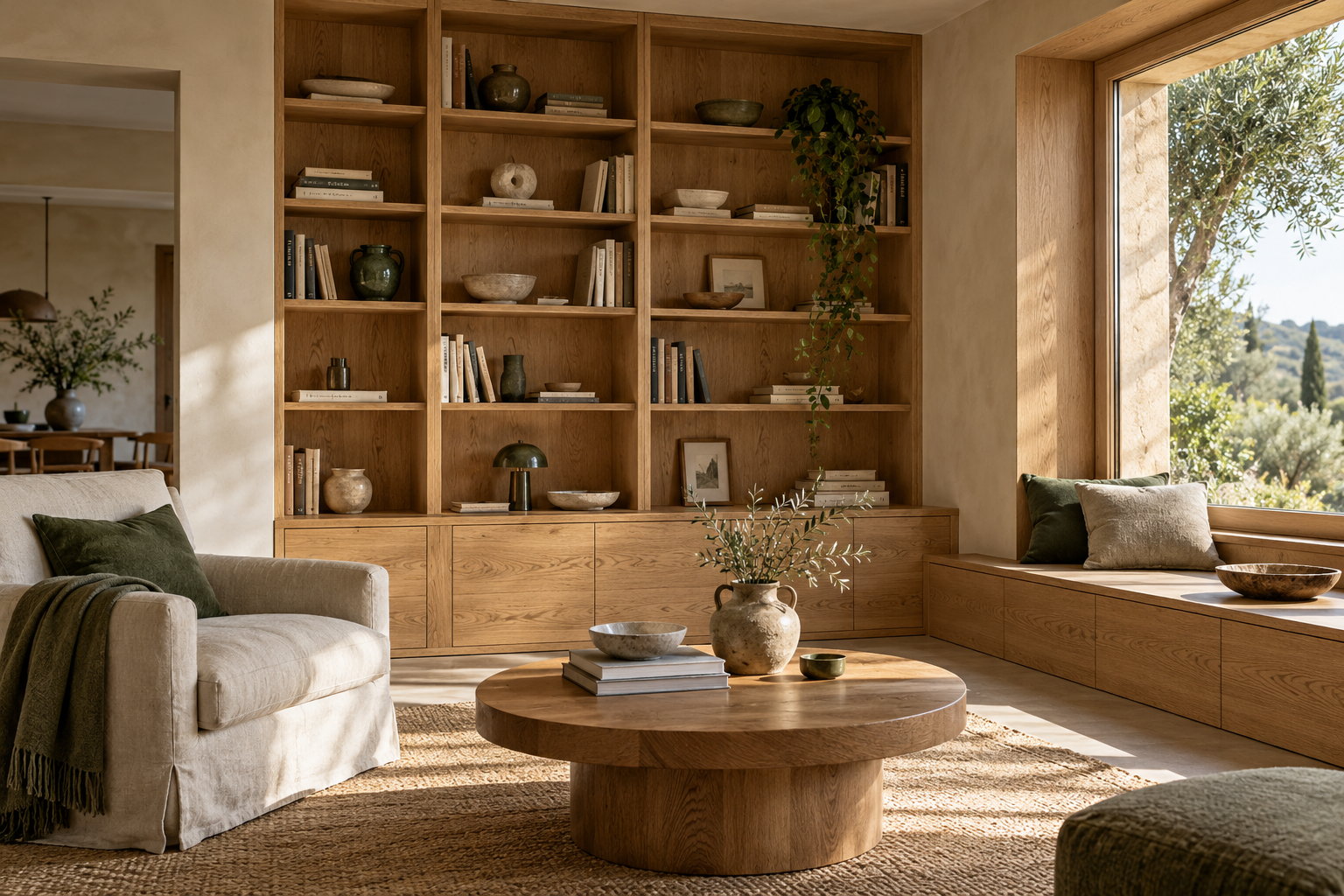 Illustration d’un salon avec bibliothèque en chêne, banquette intégrée et table basse.