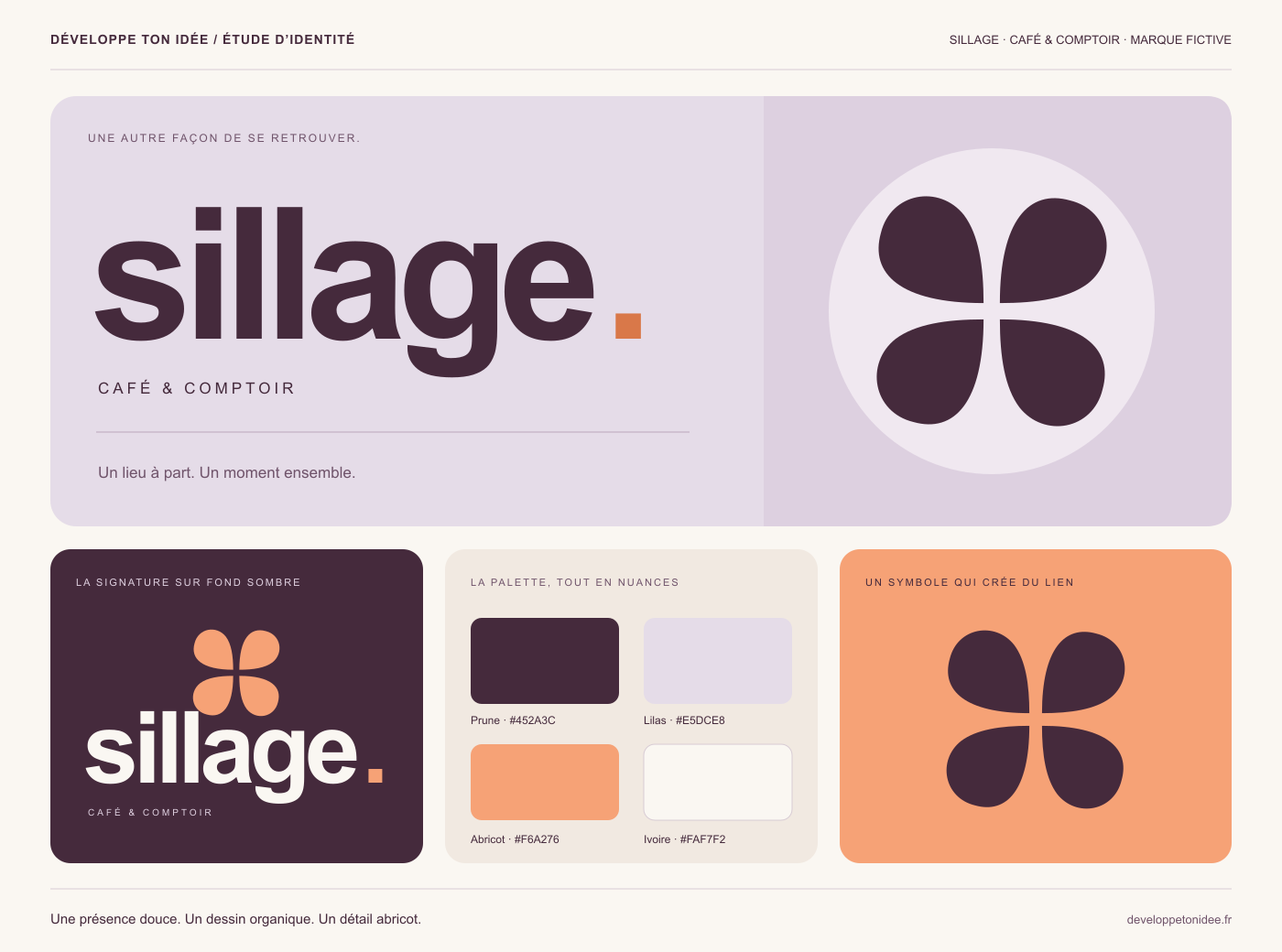 Planche de l’identité fictive Sillage : logo principal, palette prune, lilas, abricot et ivoire, signature sur fond sombre et symbole compact.